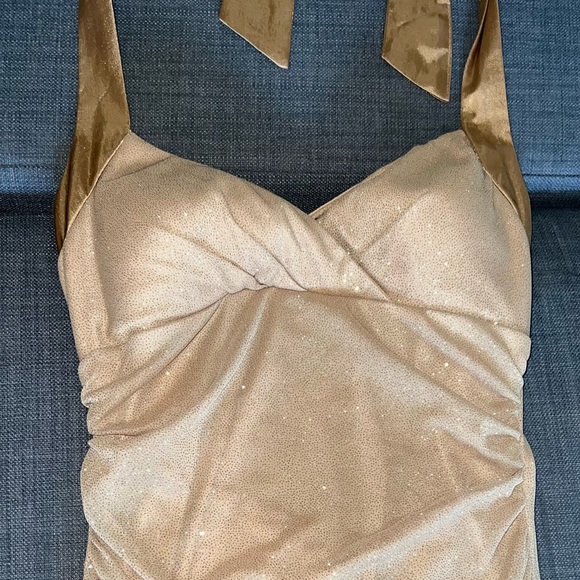 Gold Sparkle Glitter Shimmer Floor Length Gown Dress w. Halter, Lace-Up Back - Picture 2 of 12